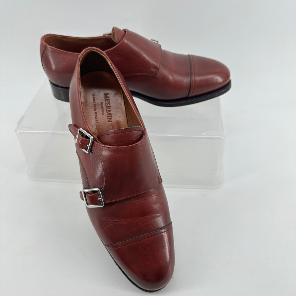 Meermin Double Monk Strap Shoes Mens UK6.5 US 7.5 Burgundy Leather Luxury Dapper